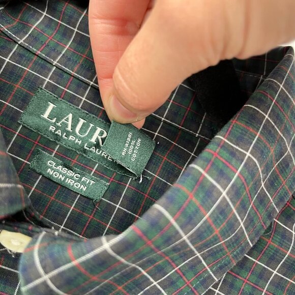 Lauren Ralph Lauren Mens Plaid Button Up Shirt Size 16 Neck Green Red White EUC - Picture 7 of 12
